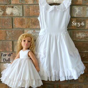 GIRL'S 5-6 & 18" DOLL'S WHITE DRESSES - TO WEAR TOGETHER, OOAK COTTON STORYBOOK